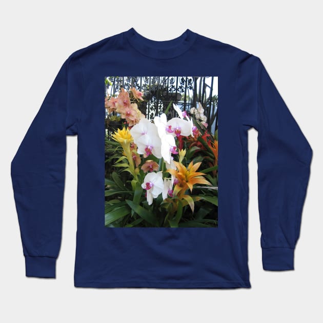 Colorful Orchids in Front of Wrought Iron Gate Long Sleeve T-Shirt by KarenZukArt